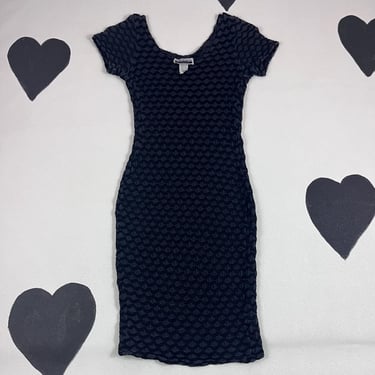 90s Contempo Casuals black bodycon knit dress 1990s faded black Coogi cotton waffle sexy scoop neck tight fitted semi-sheer knee length S 