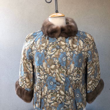 Vintage elegant floral blues browns brocade evening jacket fur mink trim collar cuffs by Michael Novarese sz S/M 