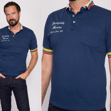 M| 80s Rainbow Striped Polo Shirt - Men's Medium | Vintage Balsam Lake Staff Uniform Short Sleeve Collared Shirt 