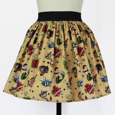 Vintage Inspired Tattoo Flash Art A-line Elastic Skirt 