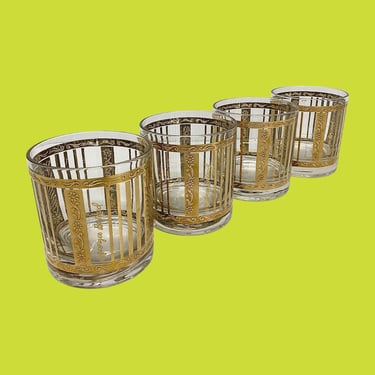 Vintage Georges Briard Glasses Retro 1960s Mid Century Modern + Whiskey + Rocks + Clear Glass + Gold Design + Set of 4 + Barware  + Drinking 
