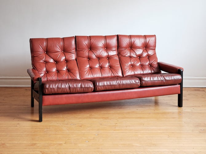 Mid Century Danish Modern 1970s Cognac, Albany Park Leather Sofa