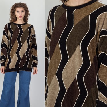 Vintage Zig Zag Soft Slouchy Knit Sweater - Men's Large | 90s Striped Brown Black Olive Pullover 
