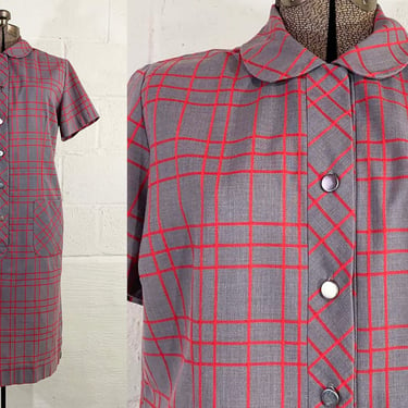 Vintage Plaid Dress Windowpane Forget Me Not by Fairview Retro Shirt Button Front Red Gray Large XL 1960s 