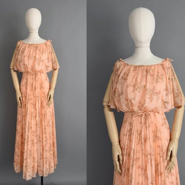 vintage 1970s dress l Fluttery Sleeve Floral Print Peach Dress l Small 