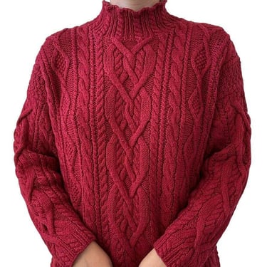 Vintage Hand Knit The Limited Red Chunky Cable Knit Fisherman Sweater Sz L 