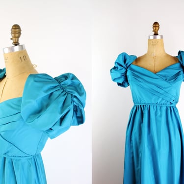 80s Turquoise Puffy Sleeves Prom Dress / Vintage Party Dress / Size S/M 