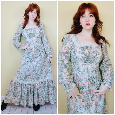 1970s Vintage Betty Lou Shelf Bust / 70s Floral Lace Trim Magical Cream and Green Prairie Dress / Small 