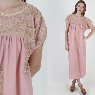 Pink Oaxacan Gold Embroidered Maxi Dress / Floral Gold Embroidered San Antonio Dress / Traditional Mexica Puebla Clothing 