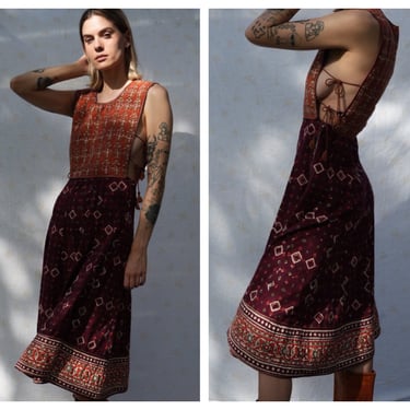 1970's Indian Cotton Dress / Anokhi Pinafore Floral Printed Midi Dress Open Side Ties / Easy Cotton Summer Dress / Festival Summer Dress 