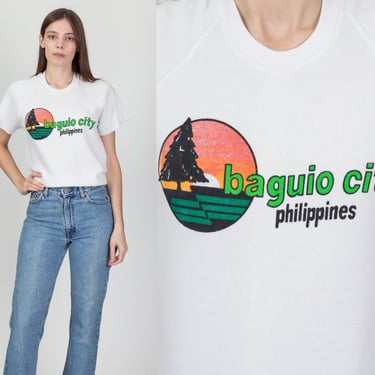 80s Baguio City Philippines Sweatshirt Top - Small | Vintage White Raglan Graphic Short Sleeve Shirt 