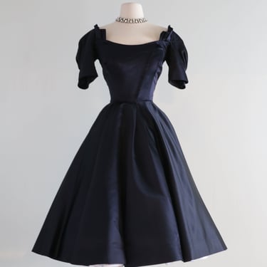 Rare 1950's Designer Carrie Munn Navy Silk Party Dress / Waist 27"