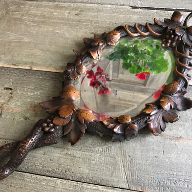 Black Forest Hand Mirror, Handcarved, Beveled Mirror, Collectable, Repaired 