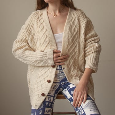 6606t / aran cable knit wool cardigan sweater / s / m / l 