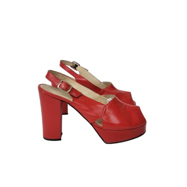 1970's Red Patent Leather High Hell Peep Toe Pumps Platform Sandals I Sz 5.5" B I Made in Brazil 