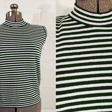 Vintage Mockneck Sleeveless Top Jay Walker Leslie Steele Tank 70s 1970s Mod Green White Stripe Striped Knit 1960s 60s Medium Small 