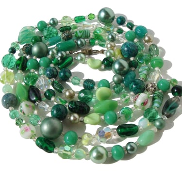 Vintage Venetian Beaded Necklace Green Rope Lampwork Glass Beads 
