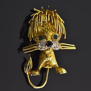 Estate Adorable 18k Solid Gold Lion Cub Brooch w Big Whiskers Diamond Emerald Eyes 