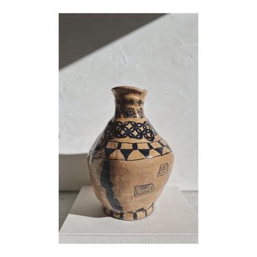 Vintage Large Organic Shape Greek Italian Mediterranean Style Postmodern Rustic Primitive Handbuilt Pottery Vessel Vase Neutral Geometric 