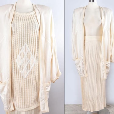 3pc SILK Set GHINEA ITALY Designer Dress, Jacket, Top, Skirt, Blouse, Art Deco Ivory Vintage 1980's Francesco Ghini, Cocoon Coat Sweater 