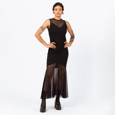 Vintage 90s Gothic Black Sheer Panel Maxi Dress - Small | Mesh Hem Sleeveless Sexy Bodycon Bandage Party Dress 