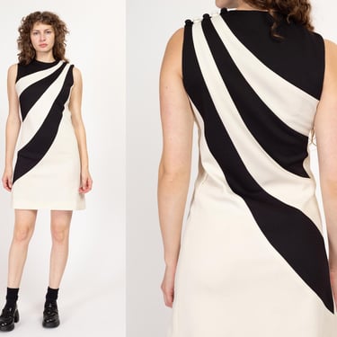 Small 60s Black & White Op Art Color Block Mod Mini Dress | Vintage Two Tone A Line Sleeveless Twiggy Dress 