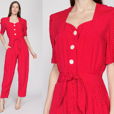 Sm-Med 80s Red & White Polka Dot Jumpsuit | Vintage Puff Sleeve Tapered Leg Button Up Retro Pantsuit 