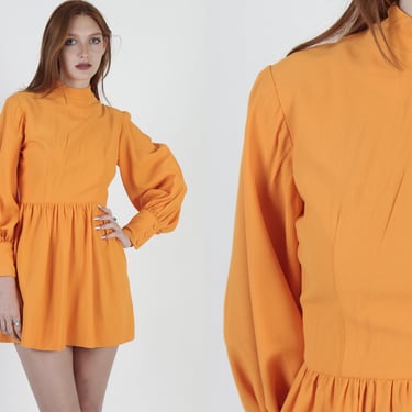Vintage 60s Mod Scooter Dress / One Color Monotone Simple Orange Dress / Poet Sleeve GoGo Party Micro Mini Dress 