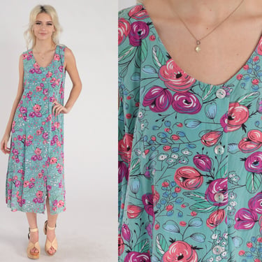 Blue Floral Dress Y2K Button up Midi Dress Summer Sundress Sleeveless Loose Flowy Retro Pink Flower Berry Print Day Sun Dress Vintage 00s XL 