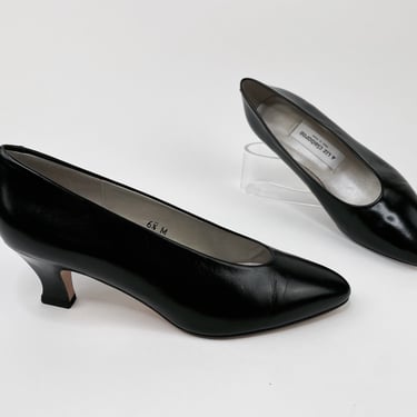 1980s Black Leather Short Flared Heel Pumps w Rounded Pointy Toe & Oval Mouth by Liz Claiborne 6.5 | Vintage, Back to Business, Like New 