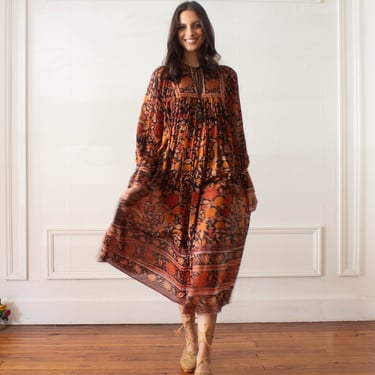 1970s Judith Ann Silk Block Print Gossamer Dress 