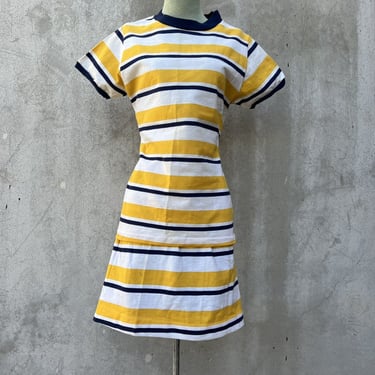 Vintage 1960s Tee Shirt & Mini Skirt Dress Set Yellow & Blue Striped Cotton