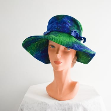 1960s Mr. John Jr. Blue and Green Wool Floral Hat 