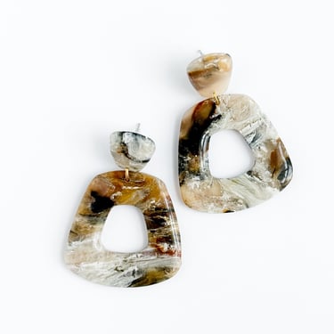 Smoky Quartz Polymer Clay Statement Earrings, Imitation Stone Granite, Lightweight Modern Translucent Resin, Hypoallergenic | AGATHA 