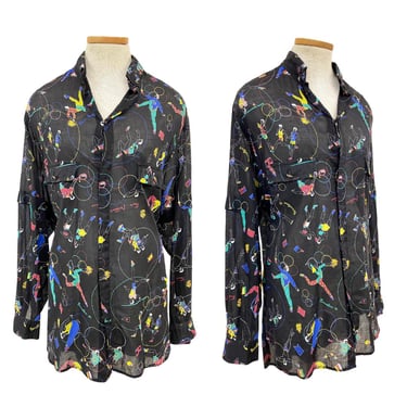 Vtg 1980s Spanish Designer Athletic Funky New Wave Doodle Button Down Shirt 