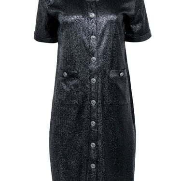 Chanel - Black Metallic Button Front Shirt Dress Sz 8