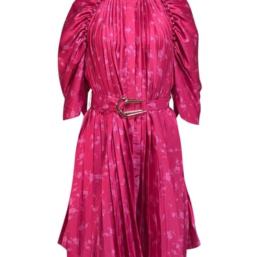 Acler - Fuchsia Floral Print Pleated Satin Dress Sz 8