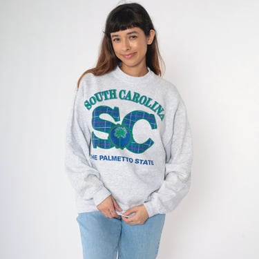 Vintage South Carolina Sweatshirt XL 90s The Palmetto State Graphic Shirt Pullover Crewneck Palm Tree Travel Heather Grey 1990s Extra Large 