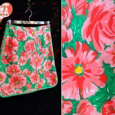 Bright Vintage Red Pink & Green Flower Power Cotton Mid-Length Skirt with Built-In Slip Shorts by Gordon 