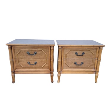 Set of 2 Vintage Faux Bamboo Nightstands FREE SHIPPING - Brown Wooden Broyhill Hollywood Regency Coastal Furniture 