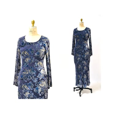 Vintage 00s Y2K Bias Cut Velvet Dress Blue Velvet Burn out Flower Print Dress Size Medium// 90s Velvet Floral Print Dress Blue Size Medium 