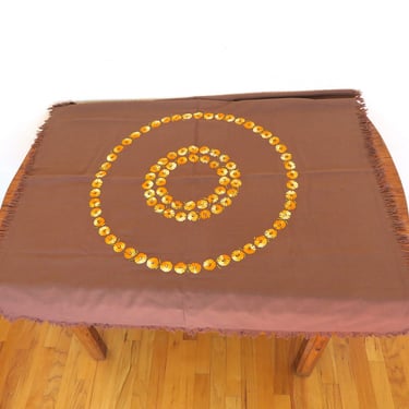 Vintage Brown Cotton Tablecloth Orange Embroidered Flowers 41