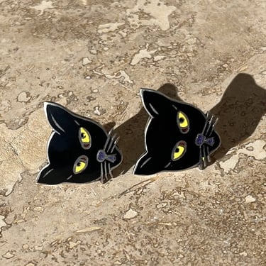 Miguel Arias ~ Vintage Mexican Sterling and Enamel Black Cat Face Screw back Earrings 