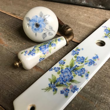 French Limoges Door Hardware, Blue Floral Porcelain, Door Plate, Door Knobs, Handpainted, Makers Mark, Antique Door Hardware 