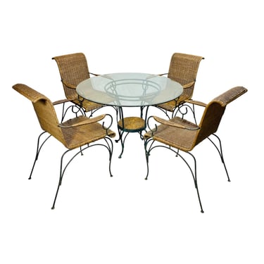 1990s Postmodern Wrought Iron and Woven Wicker Rattan Table and Four Chairs Outdoor Patio Set 