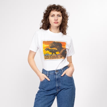 Medium 80s Tyrannosaurus Rex Postage Stamp T Shirt | Vintage White T Rex US Postal Service Graphic Tee 