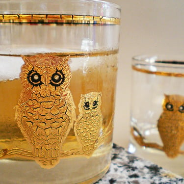 Vintage Culver Owl Glasses | Set of 4 Mid-Century Whiskey Tumblers | Retro Collectible Fun Barware gift for Owl Lovers 