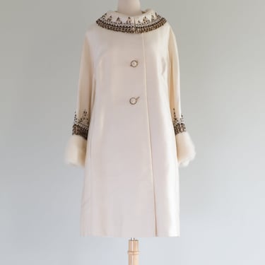 Spectacular 1960's Beaded Ivory Shantung Evening Coat With Mink Cuffs / Large