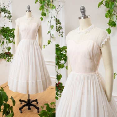 Vintage 1950s Wedding Gown | 50s Sheer Mesh Sweetheart Light Pink Fit and Flare Full Skirt Midi Bridal Dress | x-small 