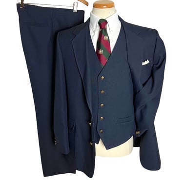 Vintage 1970s HAGGAR 3pc Navy Suit ~ size 42 to 44 R ~ vest / waistcoat ~ pants / jacket / sport coat ~ Gold Buttons ~ 70s ~ Hopsack 